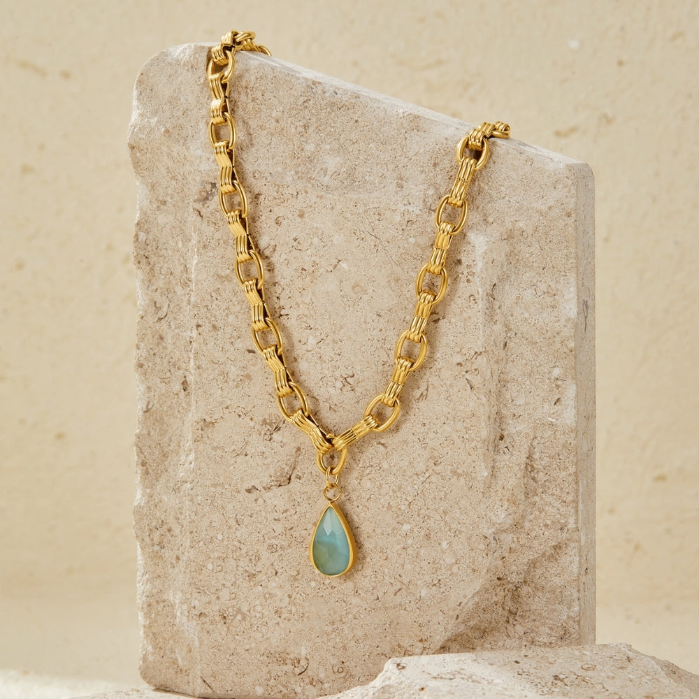 Aqua Stone Drop Gold Chain Necklace