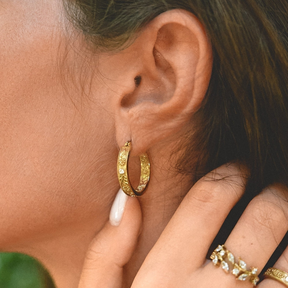 Golden Sculpted Flower Hoop Earrings