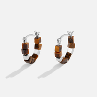 Silver Tiger Eye Cube Hoop Earrings