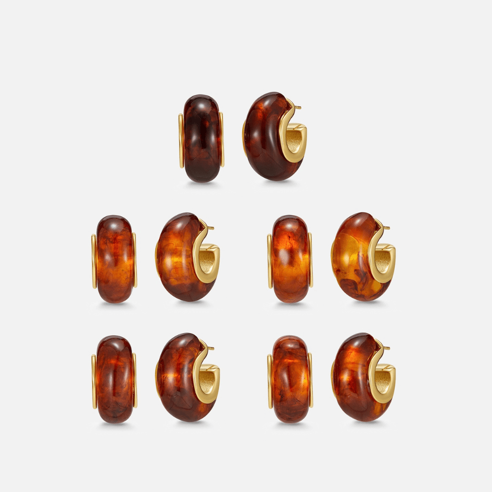 Amber Gold Hoop Earrings, five pairs of amber resin hoops with gold backs, in varied tones