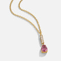Crystal Pink Teardrop Necklace, gold chain necklace with pink teardrop pendant on white background