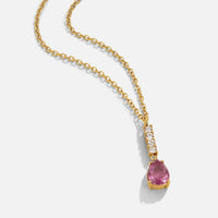Crystal Pink Teardrop Necklace, gold chain necklace with pink teardrop pendant on white background
