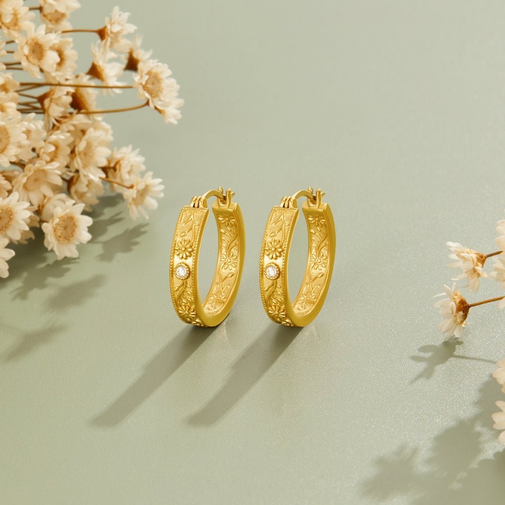 Golden Sculpted Flower Hoop Earrings - Beautiful Earth Boutique