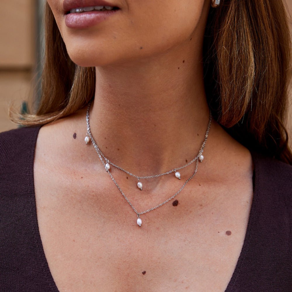 Kayla Pearl Drop Layered Silver Necklace - Beautiful Earth Boutique