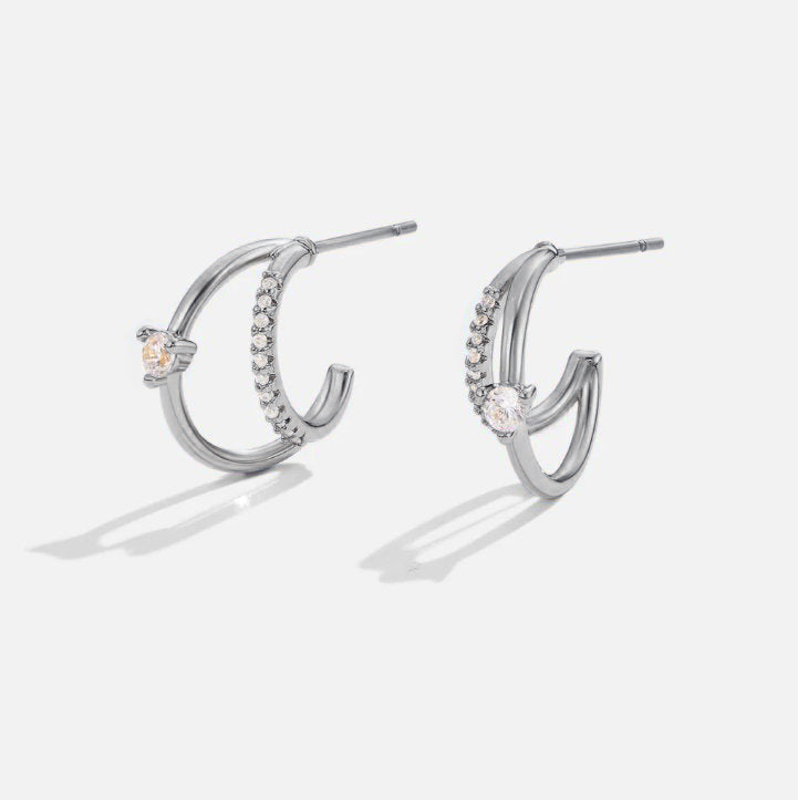 Layered Crystal Silver Hoop Earrings