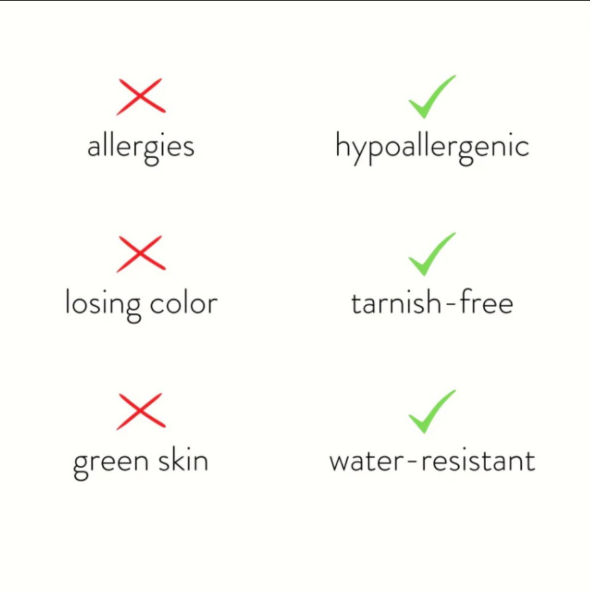 Hypoallergenic, tarnish-free, water-resistant
