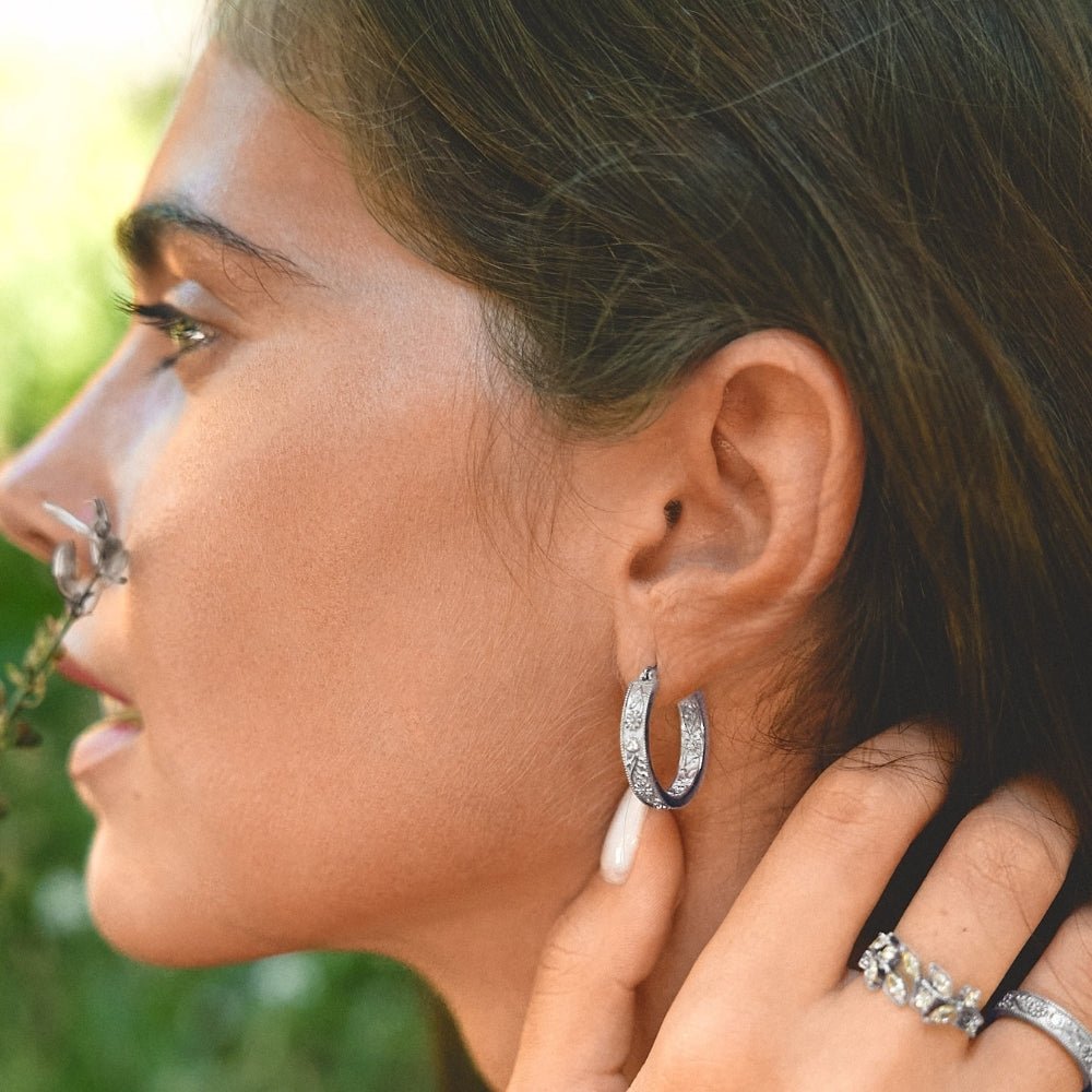 Silver Sculpted Flower Hoop Earrings - Beautiful Earth Boutique