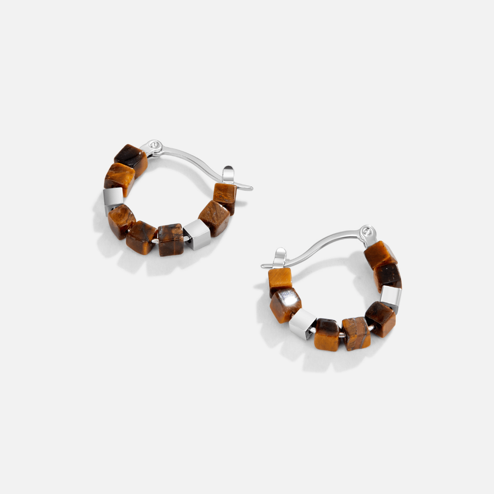Silver Tiger Eye Cube Hoop Earrings - Beautiful Earth Boutique