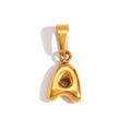 Bubble Letter Necklace, glossy gold pendant shaped like a puffy letter A on white